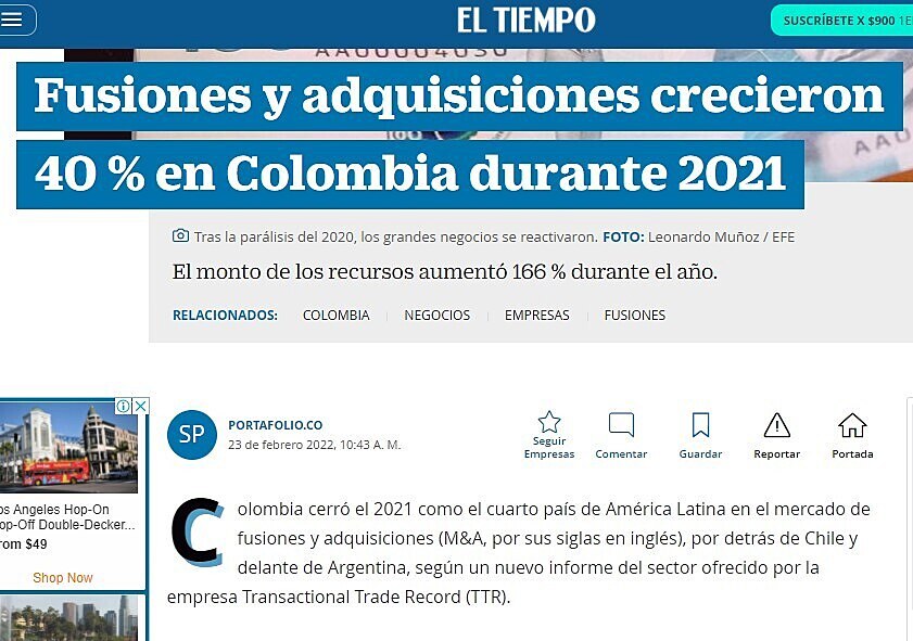 Fusiones y adquisiciones crecieron 40 % en Colombia durante 2021
